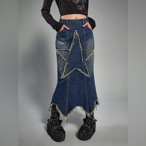 Romwe western country Punk Star Pattern Raw Hem Slant Pocket Denim skirt